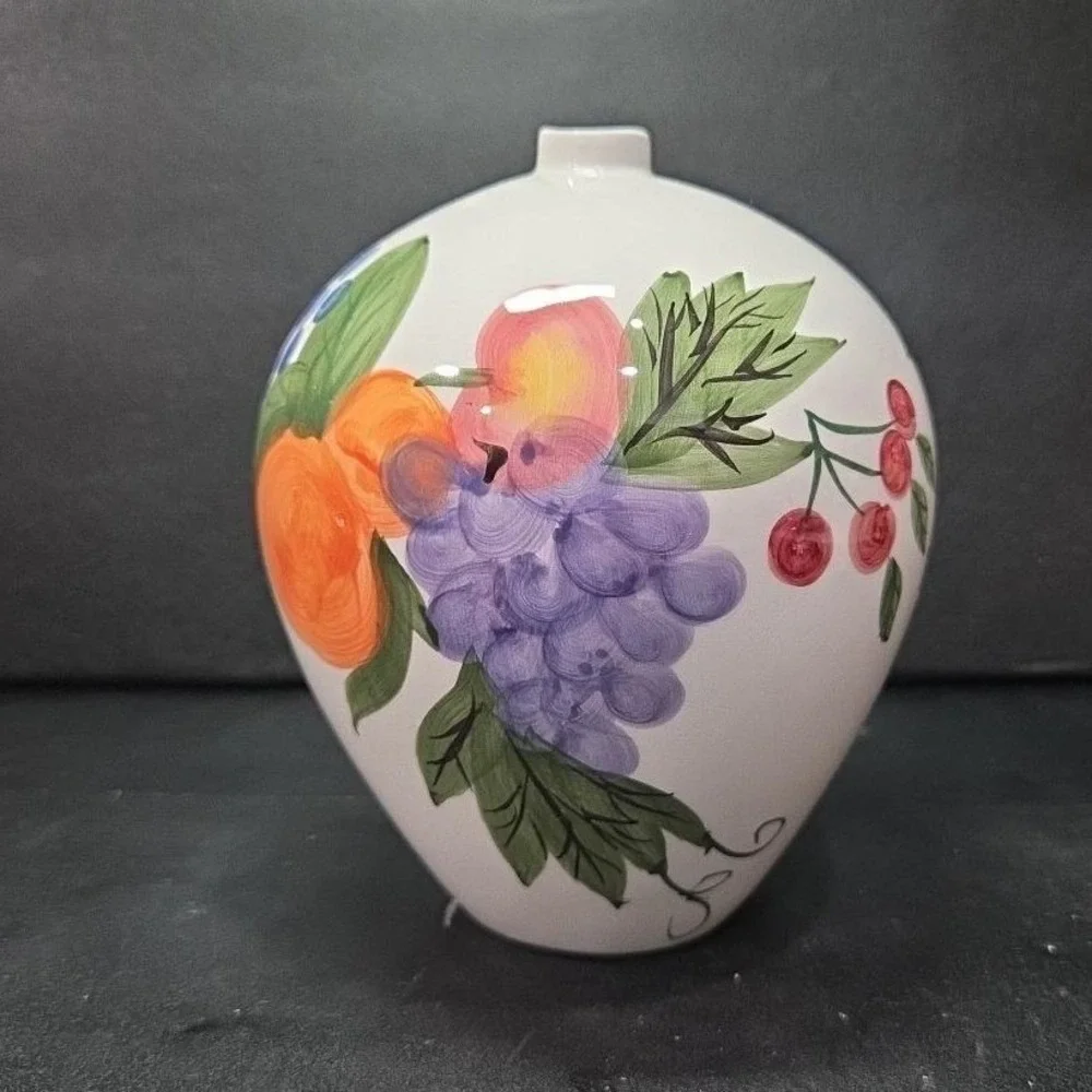 Fruit Themed Bud Vase, Vintage Hand Painted‎ Ceramic Flower Holder, Centerpiece